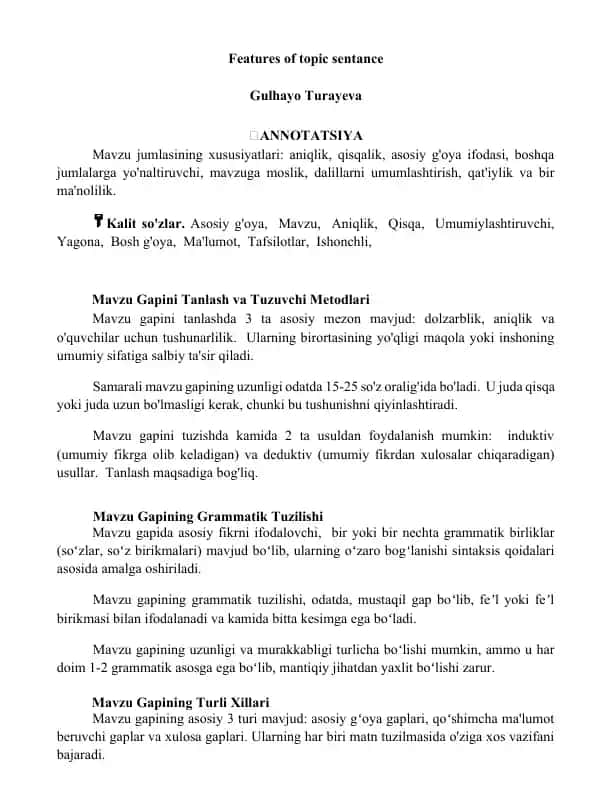Mavzu jumlasining xususiyatlari