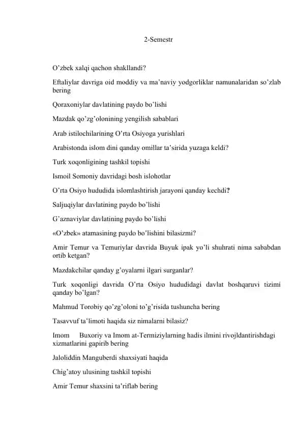 O'zbekiston Tarixi 2-Semestr sa