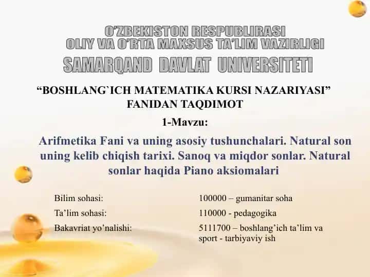 BOSHLANG`ICH MATEMATIKA KURSI NAZARIYASI