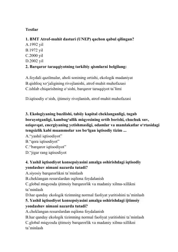 Ekologiya va Yashil iqtisodiyot testi