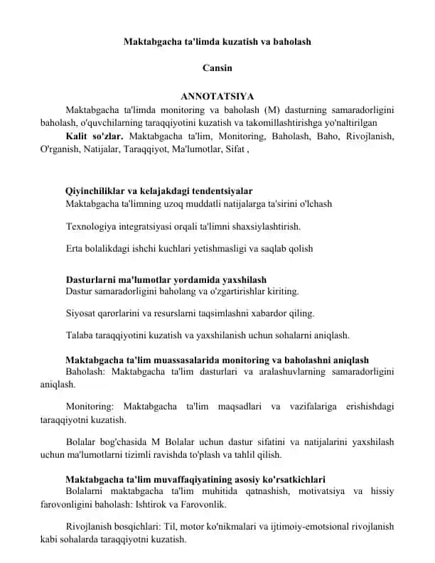 Maktabgacha ta'limda kuzatish va baholash