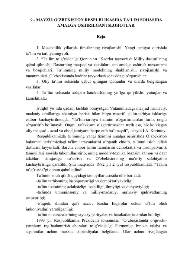O'zbekiston Respublikasida ta'lim sohasida amalga oshirilgan islohotlar