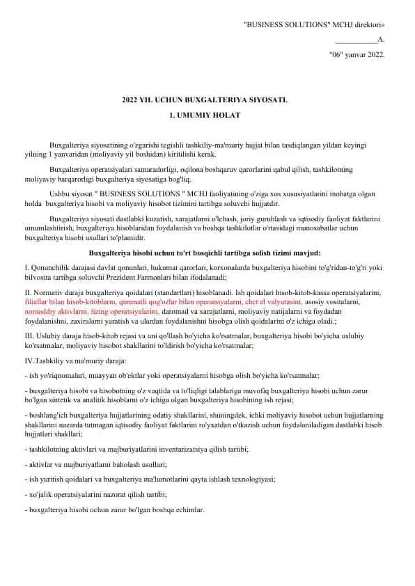2022 YIL UCHUN BUXGALTERIYA SIYOSATI