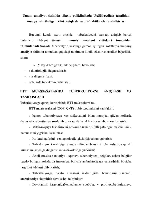 Tuberkulyozni aniqlash va profilaktika chora-tadbirlari