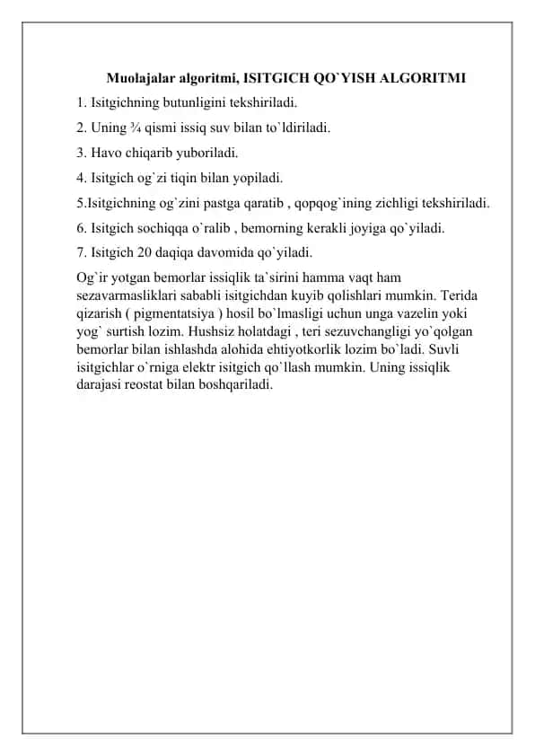 Muolajalar algoritmlari (Isitgich, Xantal, Muzli xaltacha, Kompress, Galvanizatsiya/Elektroforez)