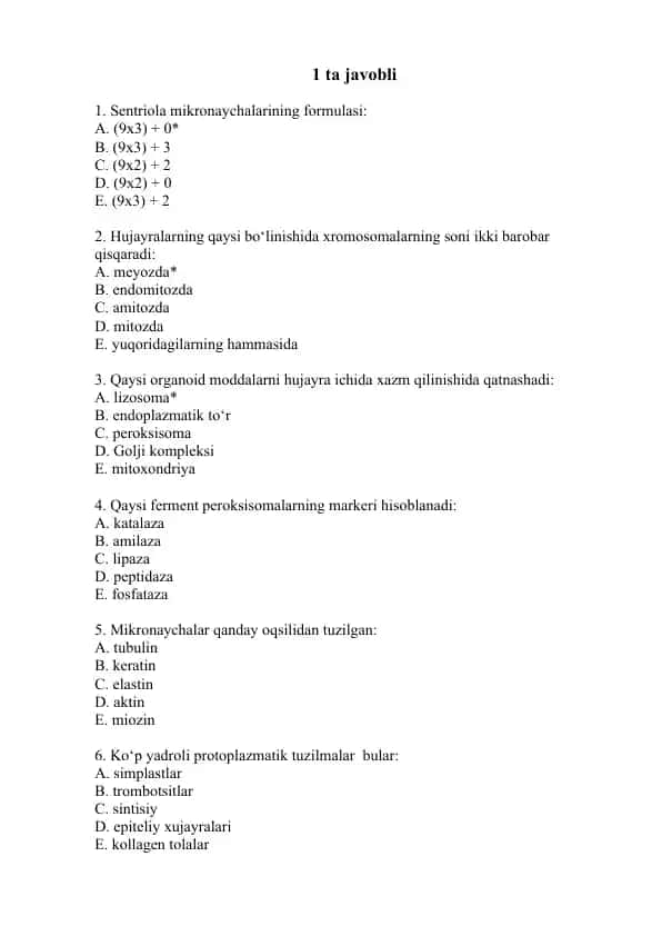 Hujayra bo‘linishi va organellalari test savollari