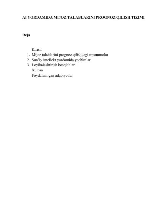 AI YORDAMIDA MIJOZ TALABLARINI PROGNOZ QILISH TIZIMI
