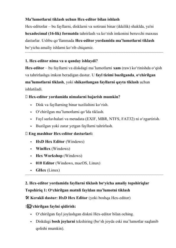 Hex-editorlar – ma’lumotlarni tiklash uchun
