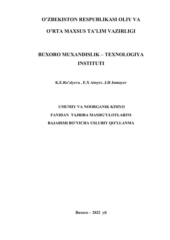 Umumiy va Noorganik Kimyo fanidan Tajriba Mashg'ulotlarini Bajarish Bo'yicha Uslubiy Qo'llanma