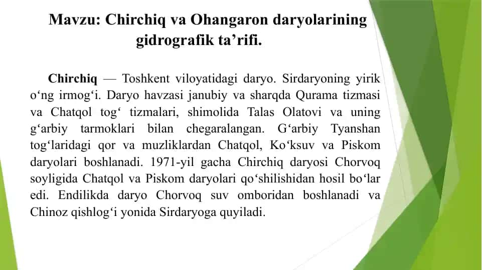 Chirchiq va Ohangarondaryolari ning gidrografik ta'rifi