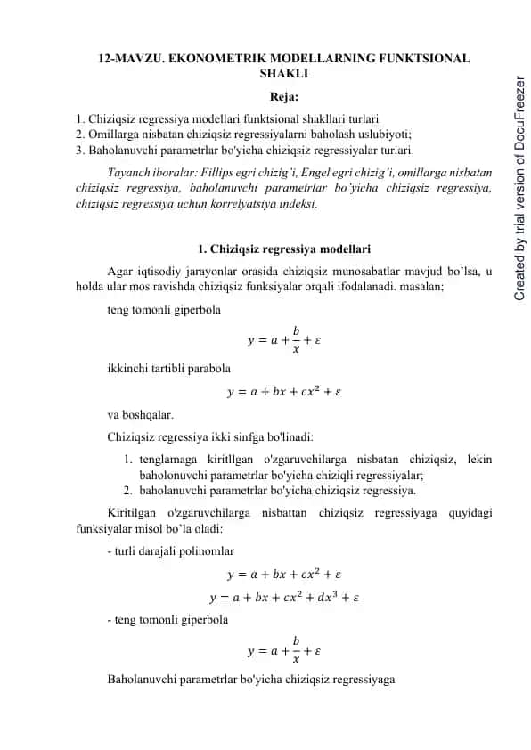 EKONOMETRIK MODELLARNING FUNKTSIONAL SHAKLI