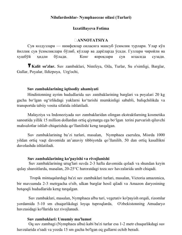 Nilufardoshlar-Nymphaeceae oilasi (Turlari)