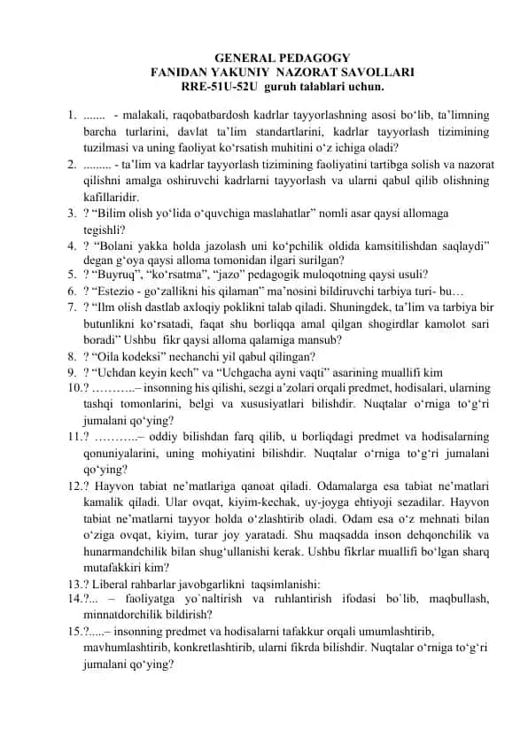 GENERAL PEDAGOGY FANIDAN YAKUNIY NAZORAT SAVOLLARI