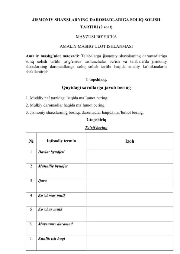 Jismoniy shaxslarning daromadlariga soliq solish tartibi