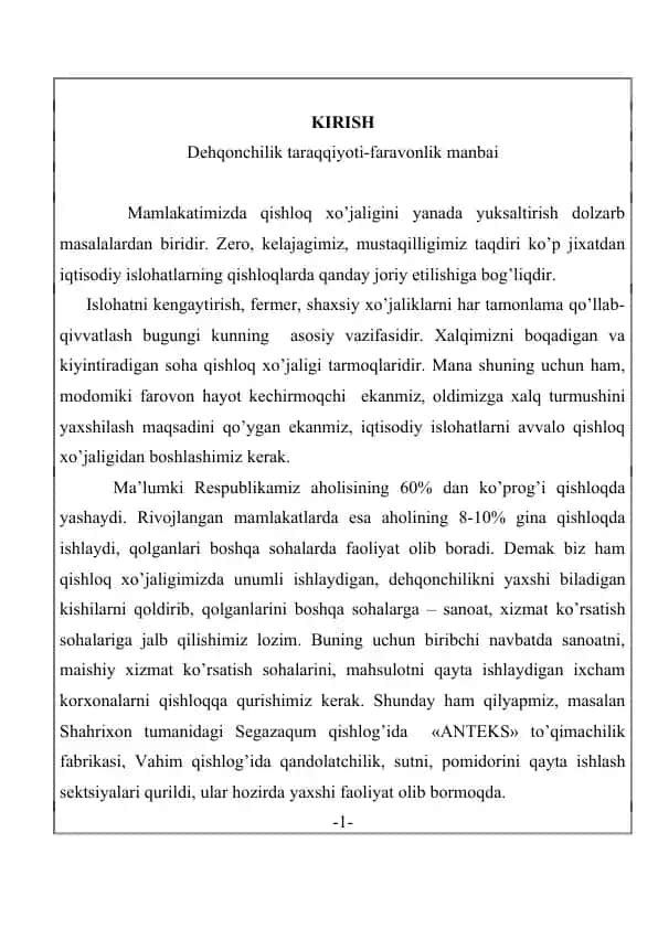 Dehqonchilik taraqqiyoti-faravonlik manbai
