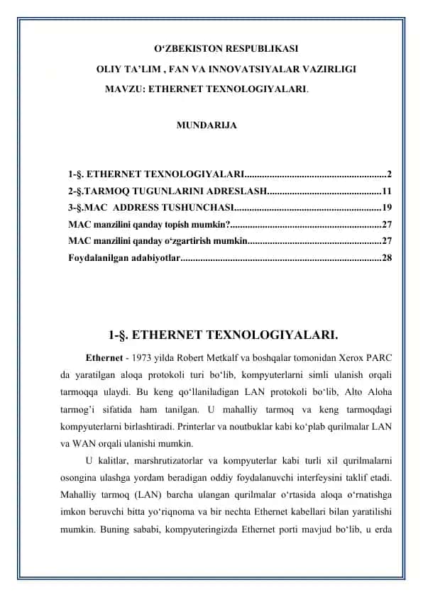 ETHERNET TEXNOLOGIYALARI