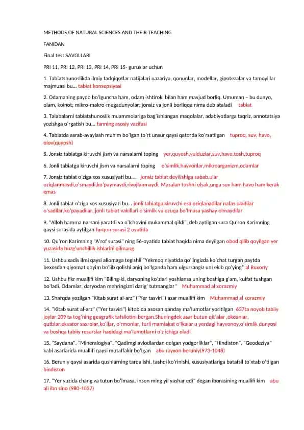 METHODS OF NATURAL SCIENCES AND THEIR TEACHING Final test SAVOLLARI