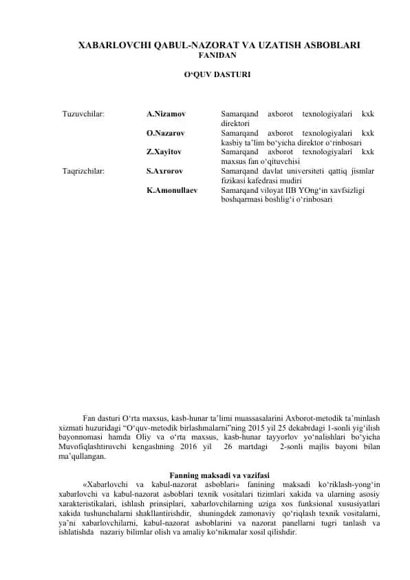 XABARLOVCHI QABUL-NAZORAT VA UZATISH ASBOBLARI FANIDAN O‘QUV DASTURI