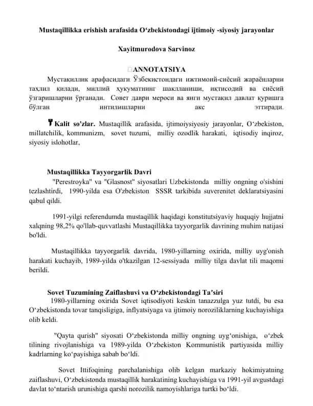 Mustaqillikka erishish arafasida Oʻzbekistondagi ijtimoiy-siyosiy jarayonlar
