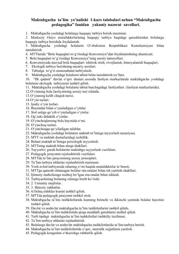 Maktabgacha pedagogika - Yakuniy nazorat savollari