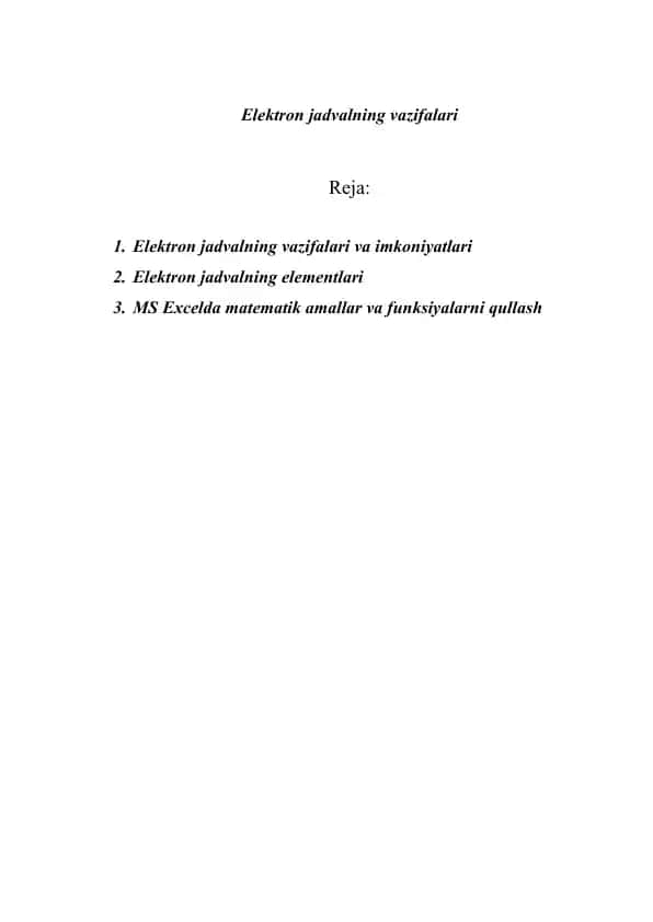 Elektron jadvalning vazifalari