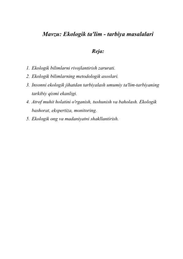 Ekologik ta'lim - tarbiya masalalari