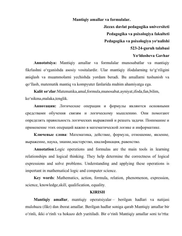 Mantiqiy amallar va formulalar