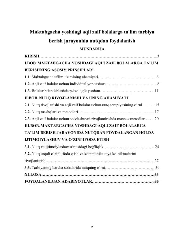 Maktabgacha yoshdagi aqli zaif bolalarga ta'lim tarbiya berish