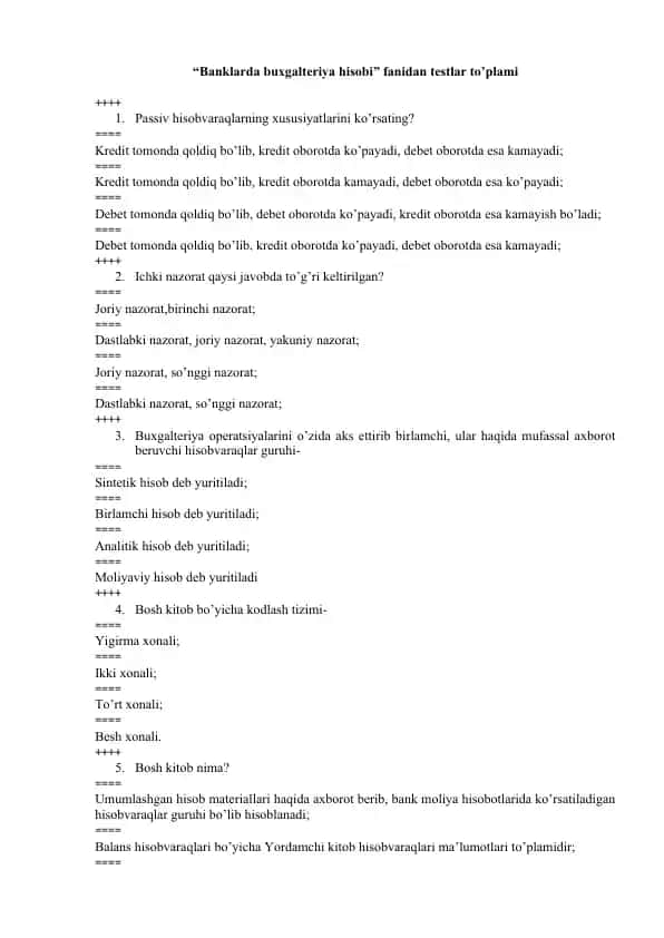 "Banklarda buxgalteriya hisobi" fanidan testlar to’plami