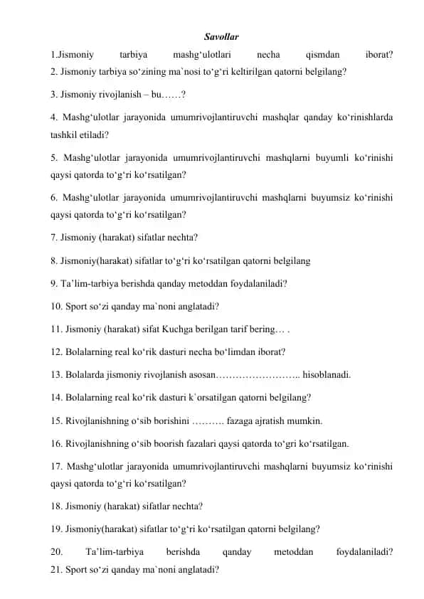 Jismoniy tarbiya mashg‘ulotlari