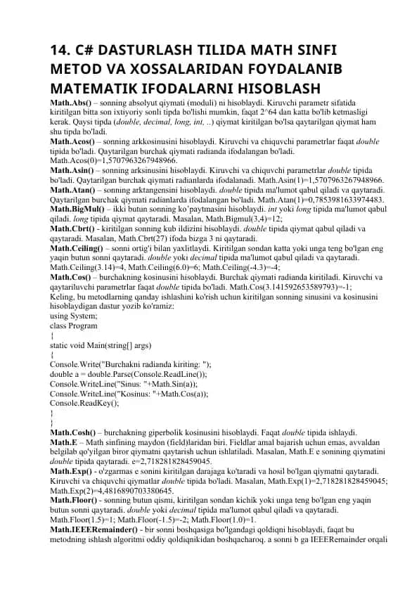 Math sinfi metod va xossalaridan foydalanib matematik ifodalarni hisoblash