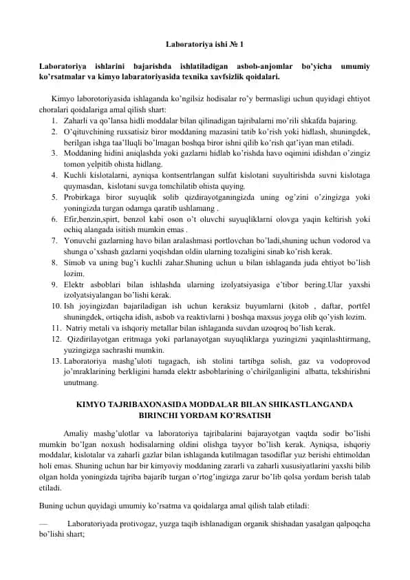 Kimyo laboratoriyasida ishlatiladigan jihozlar ustida ishlash