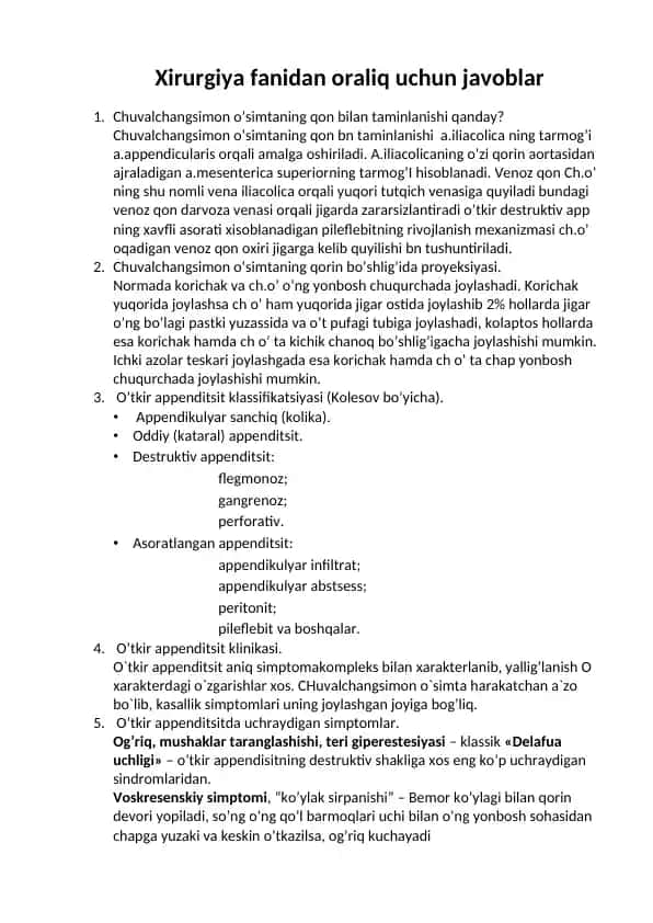 Xirurgiya fanidan oraliq uchun javoblar