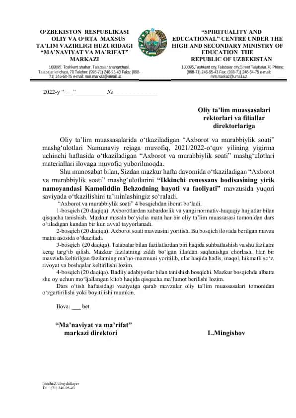 "Axborot va murabbiylik soati mashg'ulotlari"
