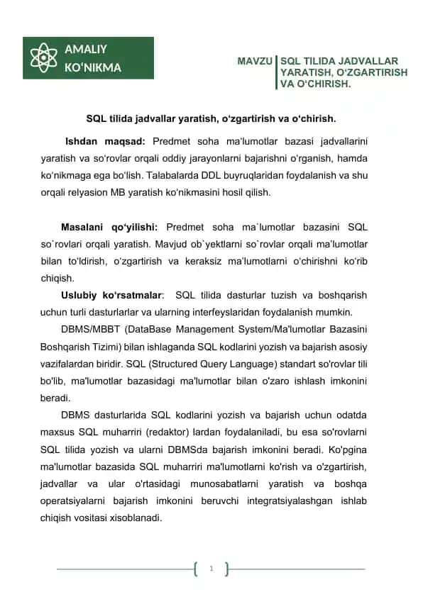 SQL TILIDA JADVALLAR YARATISH, O‘ZGARTIRISH VA O‘CHIRISH