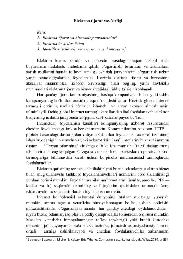 Elektron tijorat xavfsizligi va elektron to‘lovlar tizimi