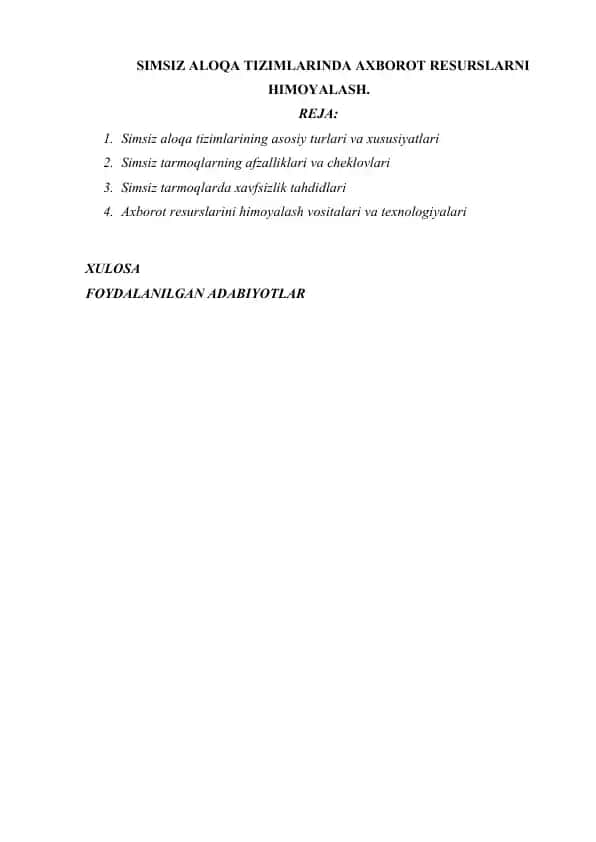 SIMSIZ ALOQA TIZIMLARIDA AXBOROT RESURSLARNI HIMOYALASH.