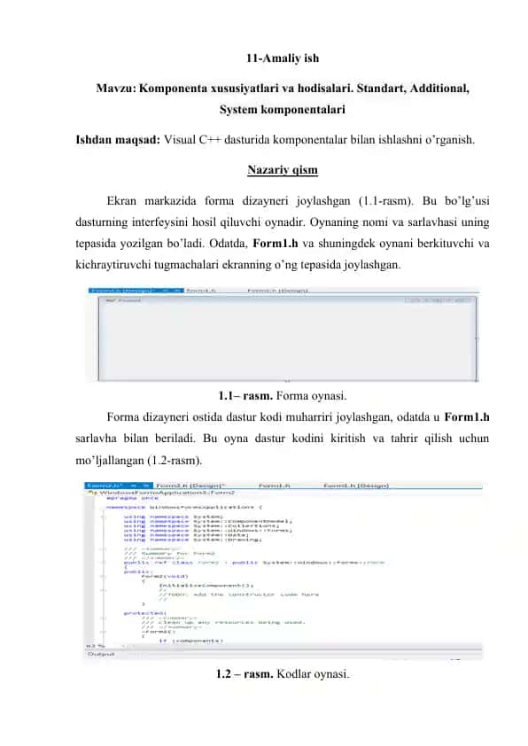 Visual C++ dasturida komponentalar bilan ishlashni o’rganish