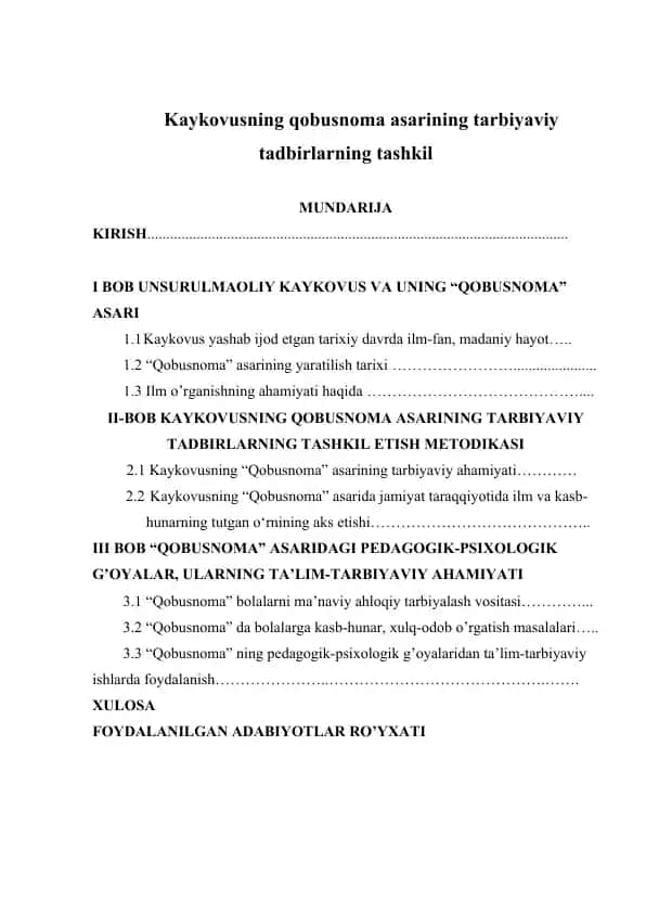 Kaykovusning "Qobusnoma" asarining tarbiyaviy tadbirlarning tashkili