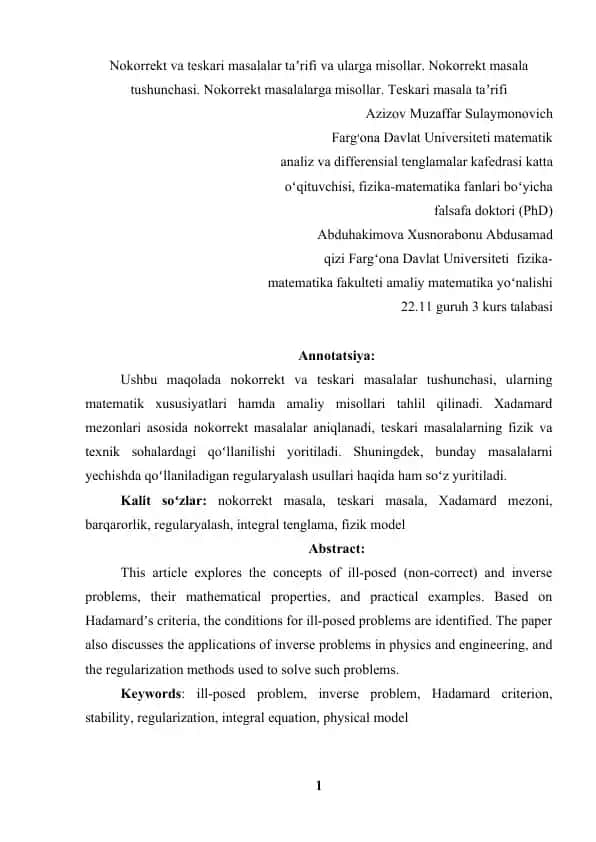 Nokorrekt va teskari masalalar taʼrifi va ularga misollar