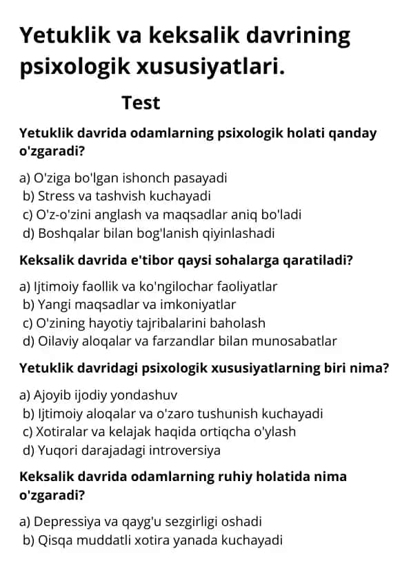 Yetuklik va keksalik davrining psixologik xususiyatlari