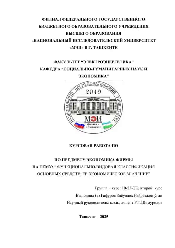 Курсовая работа по предмету Экономика фирмы на тему: "Функционально-видовая классификация основных средств, ее экономическое значение"