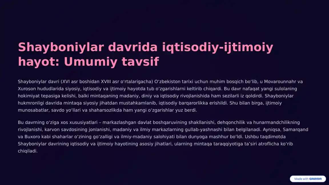 Shayboniylar davrida iqtisodiy-ijtimoiy hayot: Umumiy tavsif
