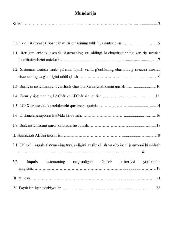 Chiziqli Avtomatik Boshqarish Sistemalari