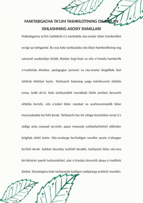 Maktabgacha ta'lim tashkiloting oila bilan ishlashning asosiy shakllari