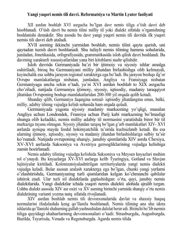 Yangi yuqori nemis tili davri. Reformatsiya va Martin Lyuter faoliyati