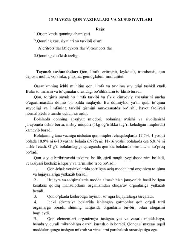 Qon vazifalari va xususiyatlari