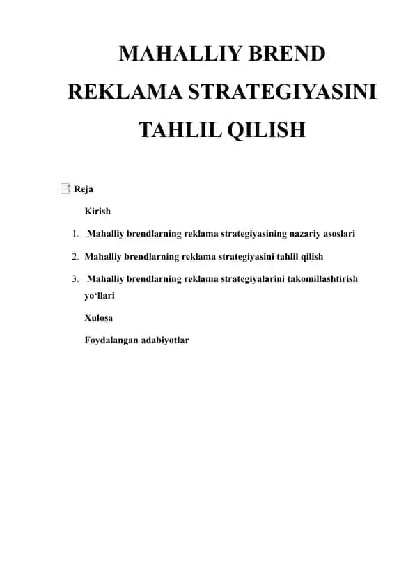 MAHALLIY BREND REKLAMA STRATEGIYASINI TAHLIL QILISH