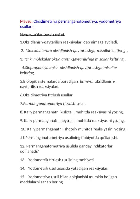 Oksidimetriya permanganotometriya, yodometriya usullari