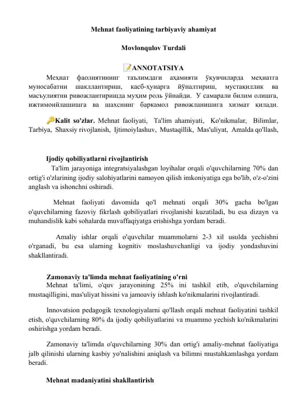 Mehnat faoliyatining tarbiyaviy ahamiyat